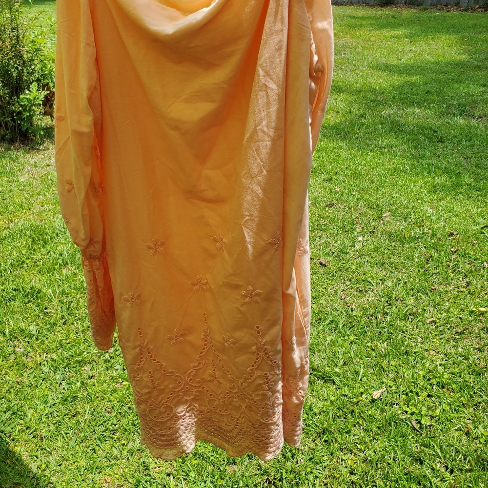 Peach dress with Belle sleeves and lace detail